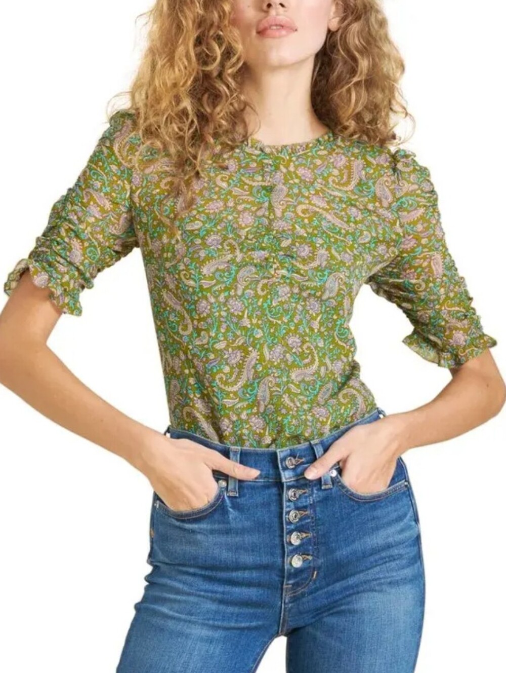 Veronica Beard Green Paisley Short Sleeve Ruched Blouse 2